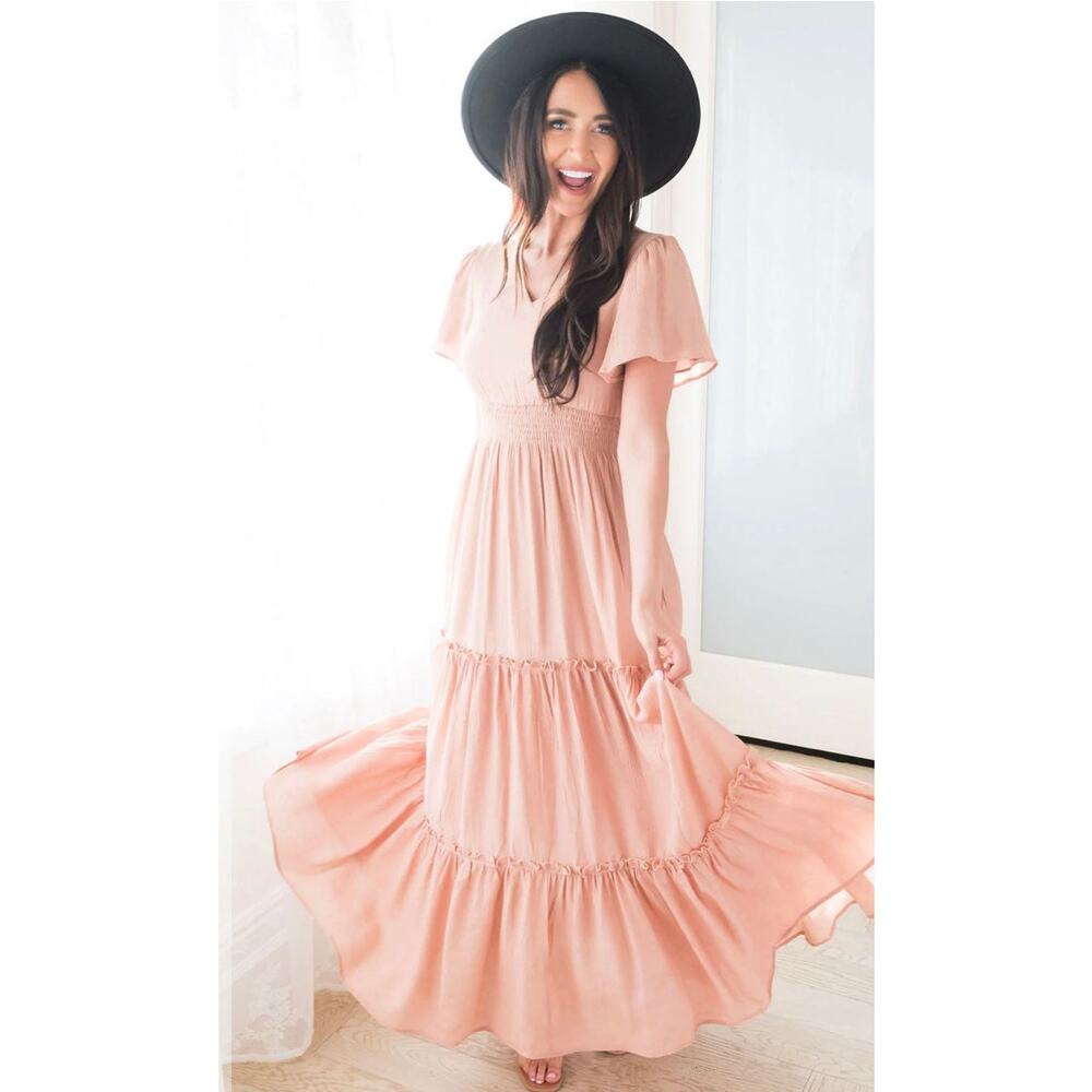Mikarose Apricot Flutter Sleeve Boho Whimsical Tiered V-Neck Maxi Dress Sz L NWT - Picture 3 of 12